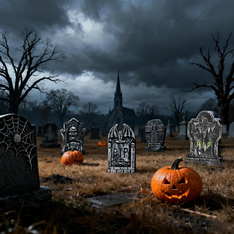 LUKBERA 5Pcs 17" Halloween Foam Tombstones, RIP Graveyard Tombstones with Bonus Metal Stakes Decorations for Halloween Lawn Yard Outdoor, Haunted House Decor - Image 5